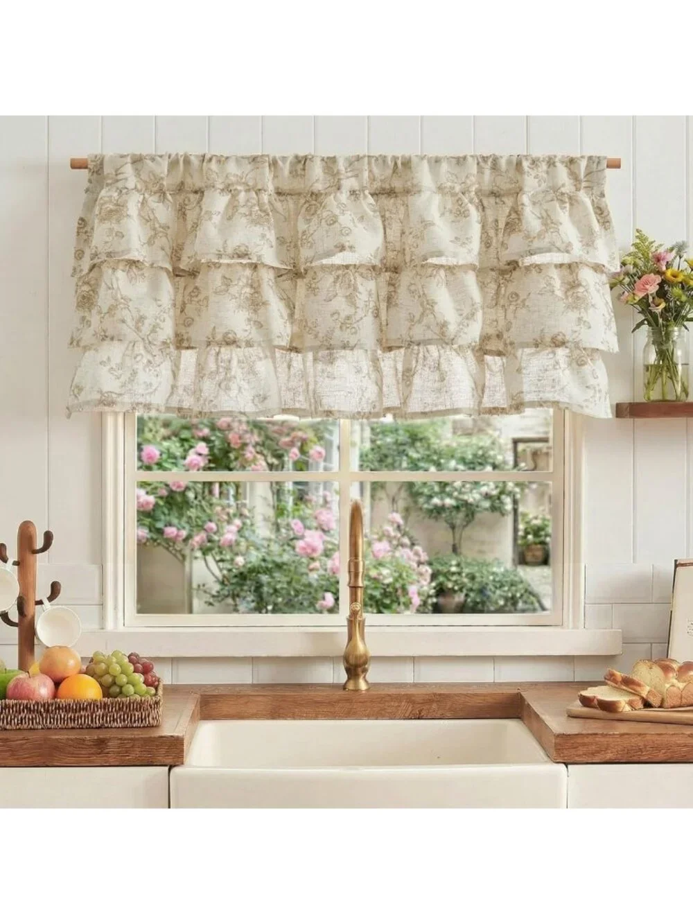 Ruffled Floral Valance Curtain - Shabby Chic Linen Window Treatment, 18